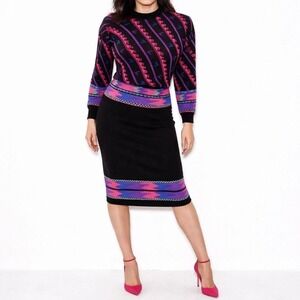 70s Vintage Geometric Skirt Set Womens L Neon Pink Black Southwestern Sweater